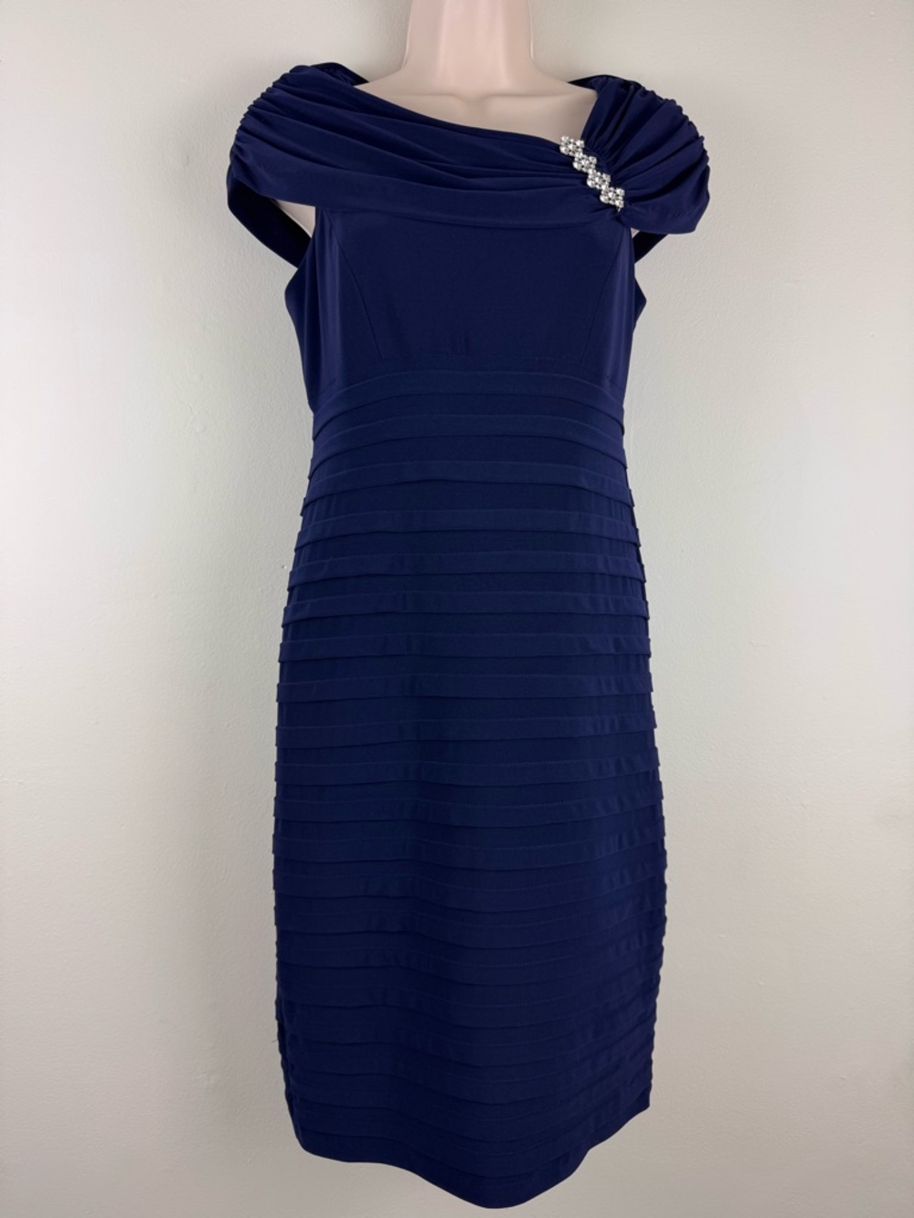 Scarlett Navy One Shoulder Pleated Sheath Dress Rhinestone Size 4